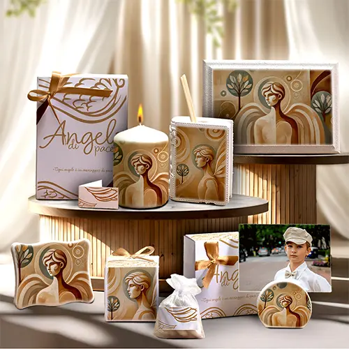 Bomboniere Angelo di Pace - Personalizzate per Comunione, Cresima, Battesimo Bomboniere personalizzate Linea Angelo di Pace, ideali per Comunione, Cresima e Battesimo, con un design unico e un messaggio di serenità.