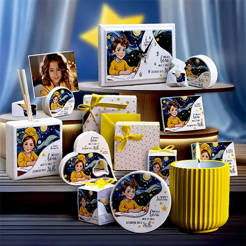 Bomboniere Linea Notte Stellata - Eleganza Celestiale per Eventi Speciali Bomboniere personalizzate della Linea Notte Stellata, con motivi celesti e raffinati, ideali per comunioni, cresime e altre cerimonie speciali.